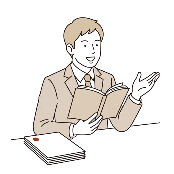 古い版の規程を手に、更新に気づかず答えている担当者のイラスト