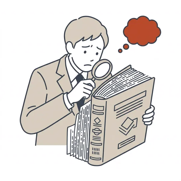 分厚い規程の束を虫めがねで探している様子のイラスト